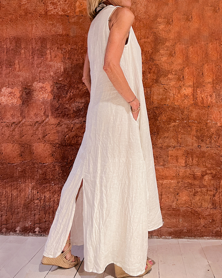 Vestido de lino blanco escote en pico - Imagen 3