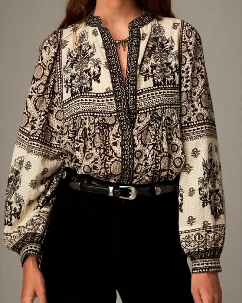 Maison Hotel Camisa Azar – Blusa estampada de algodón con cuello mao y detalles en contraste