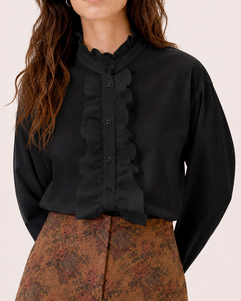 Ottod’Ame Camisa de algodón negra con volante Leslie