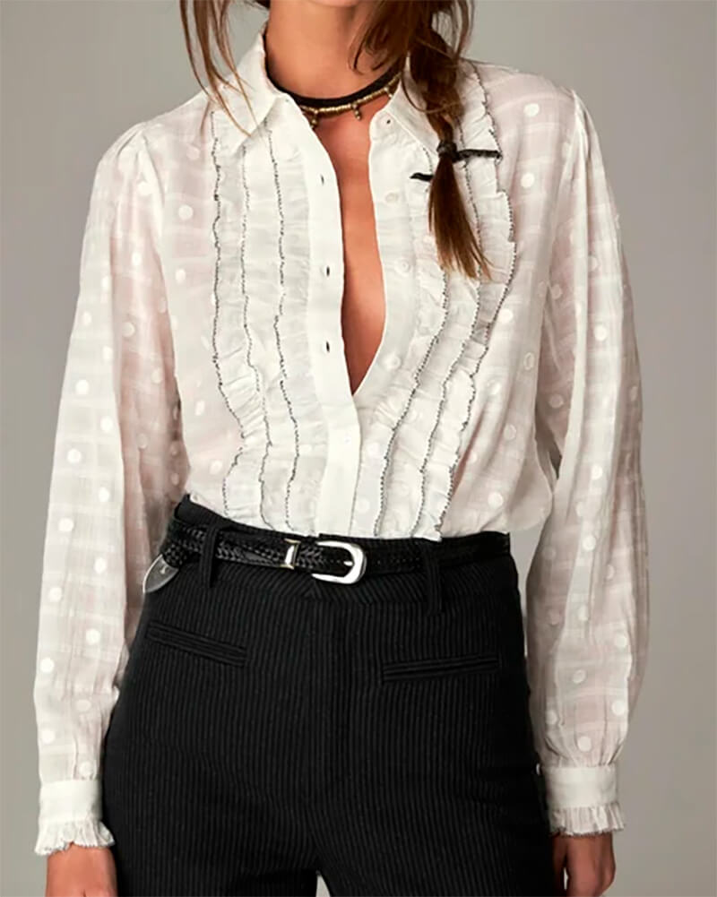 Maison Hotel Camisa Rosarillo de Algodón con Volantes | Blusa Texturizada