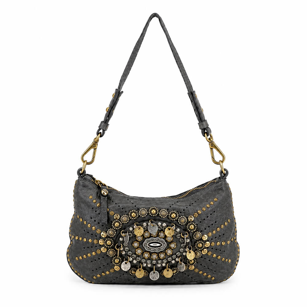 Campomaggi Bolso Teresa de Piel Gris Charcoal con Tachuelas y Pedrería
