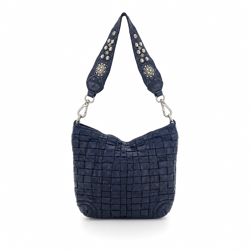 Campomaggi Bolso Beth de Piel Tejida Azul Noche con Tachuelas