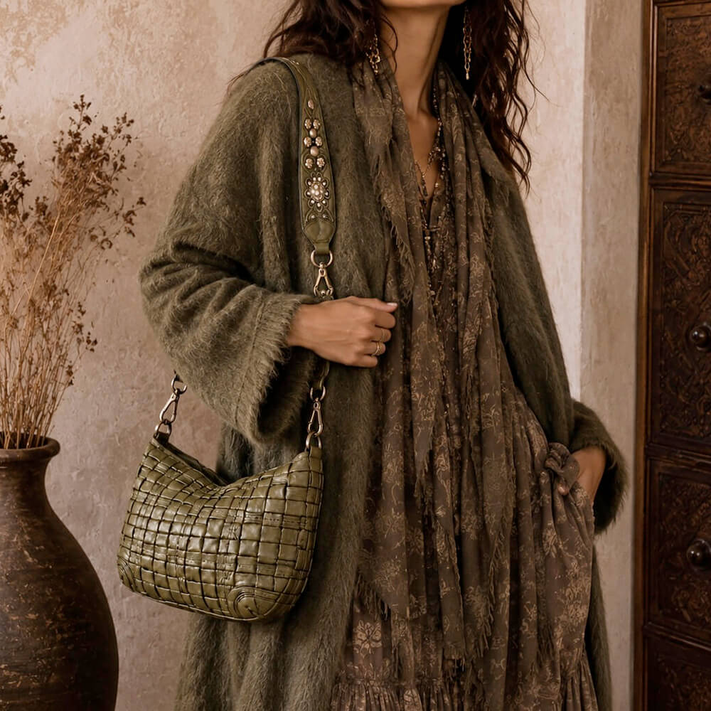 Campomaggi Bolso Beth de Piel Tejida Verde Kaki con Tachuelas