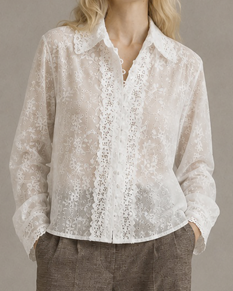 Camisa Ilsa blanca de lyocell con cuello bordado y detalles de encaje