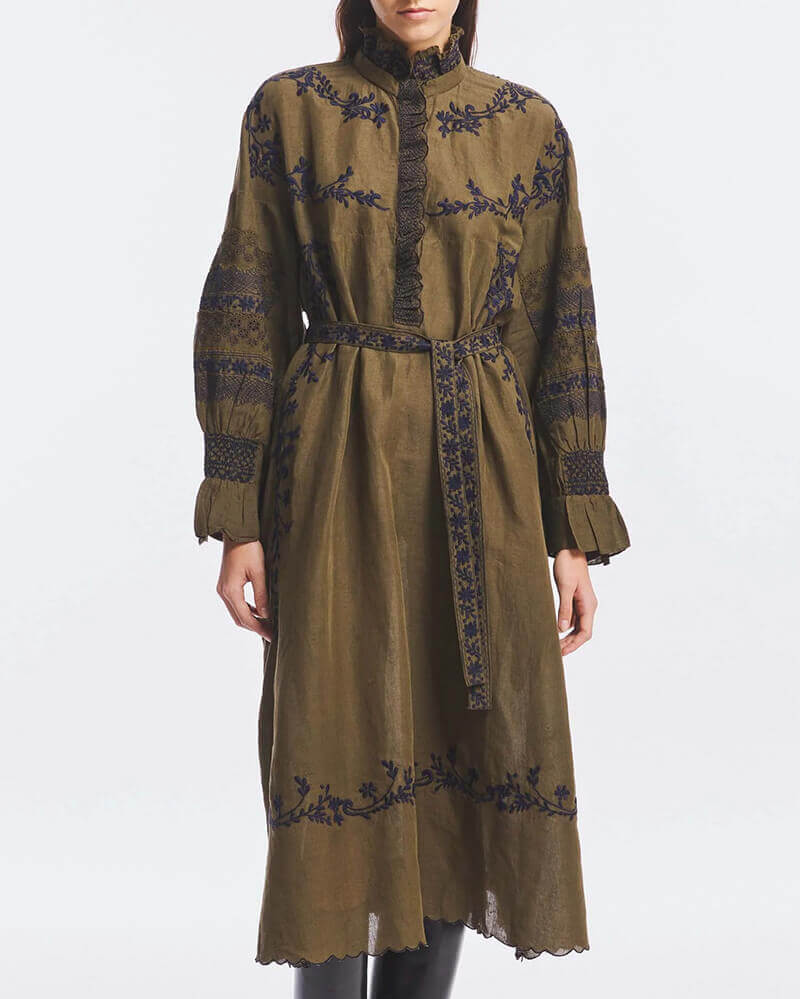 Antik Batik Vestido Penny Largo de Lino y Algodón con Bordados Florales