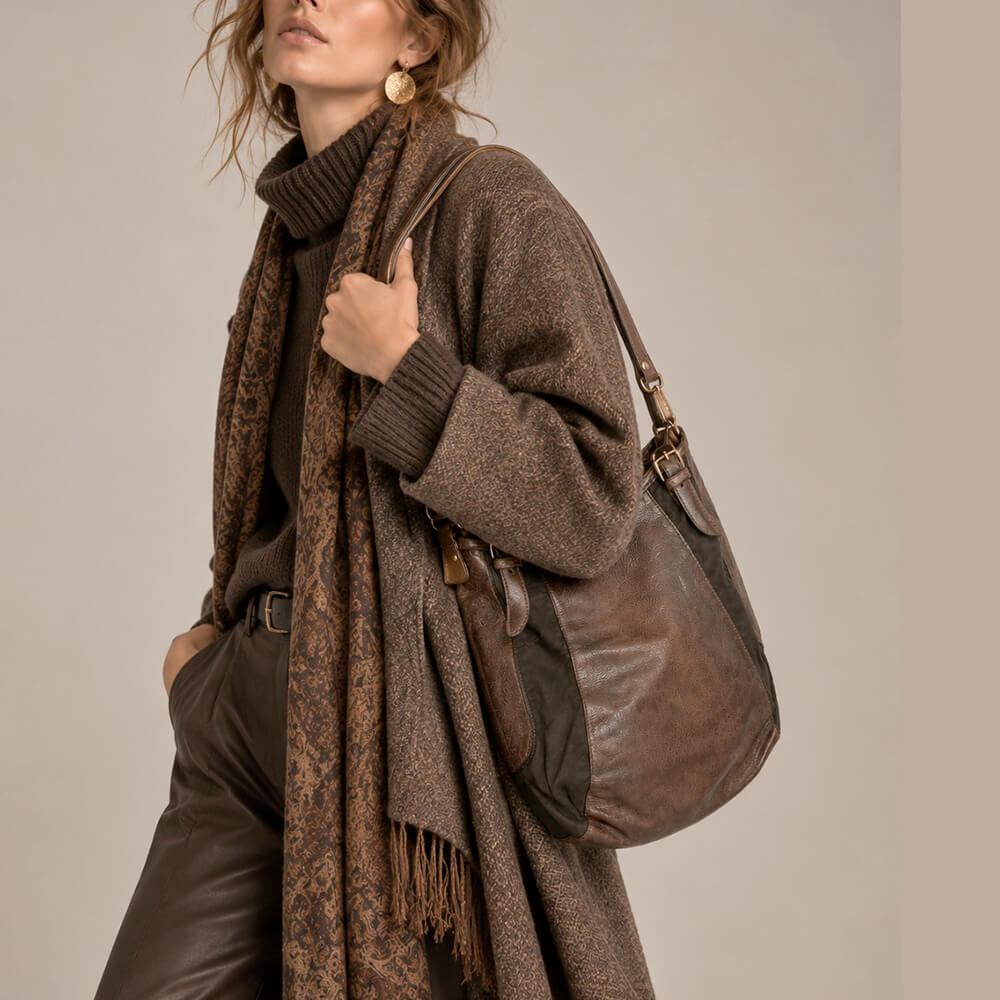 Vive la Différence Bolso de Piel y Textil Marrón y Negro