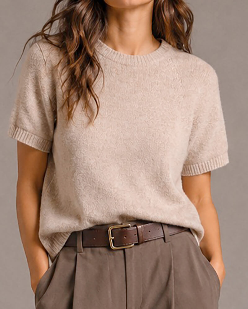 Jersey Selma beige de punto 100% lana de manga corta