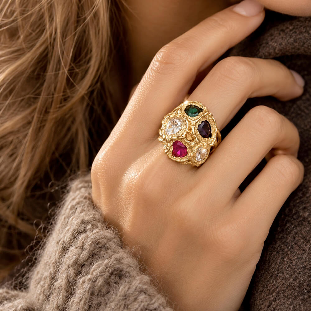 Gas Bijoux Anillo Fragment Baño de Oro y Strass de Colores
