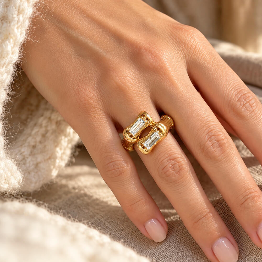Gas Bijoux Anillo Pebbles Doble Baño de Oro y Strass