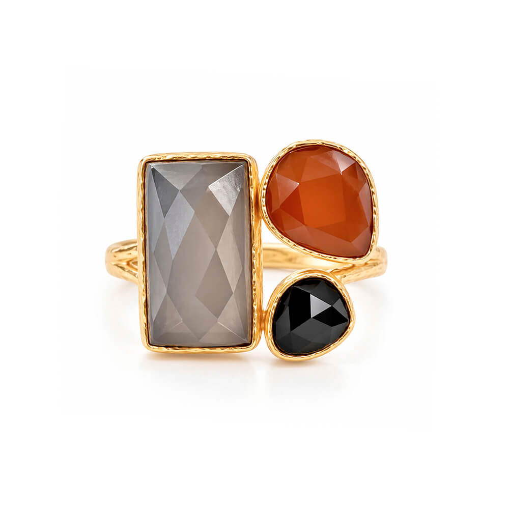 Anillo Hematita, Cornalina y Ónix con Baño de Oro